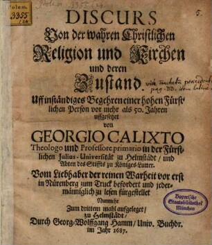 Discurs Von der wahren Christlichen Religion und Kirchen und deren Zustand