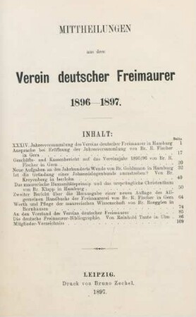 1896/97: Mitteilungen aus dem Verein Deutscher Freimaurer