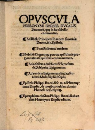 Opuscula, Quae In Hoc Libello Continentur