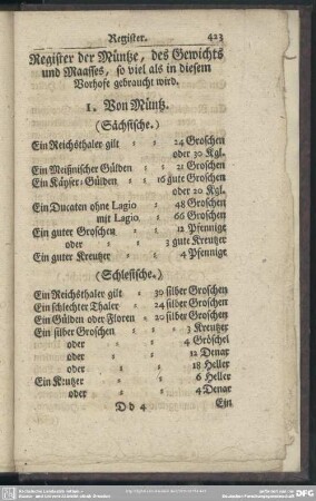 Register der Müntze, des Gewichts und Maasses, so viel als in diesem Vorhofe bebraucht wird