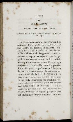 Observations sur les Insectes Coléoptéres.