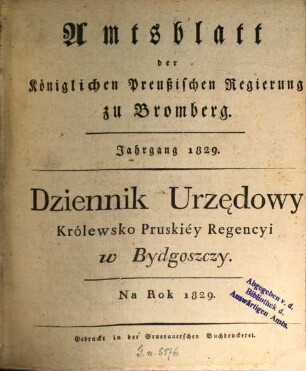 Amtsblatt der Königlichen Preußischen Regierung zu Bromberg. 1829