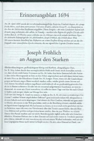 Erinnerungsblatt 1694: Hofnarr Fröhlich an August den Starken