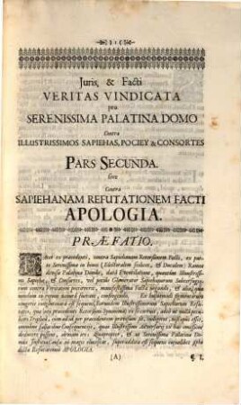 Juris, & Facti Veritas Vindicata pro Serenissima Palatina Domo Contra Illustrissimos Sapiehas, Pociey & Consortes