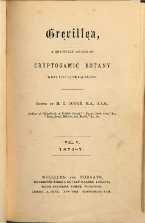 Grevillea : a monthly record of cryptogamic botany and its literature, 5. 1876/77