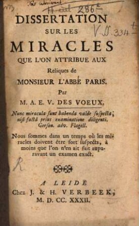 Dissertation Sur Les Miracles Que L'On Attribue Aux Reliques de Monsieur L'Abbé Paris