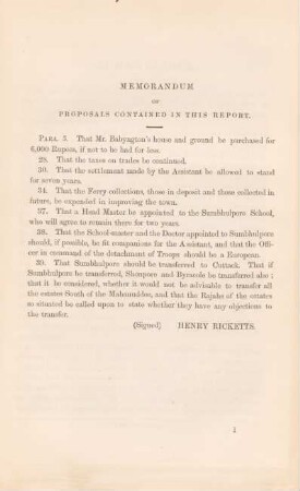 Memorandum of proposals contained in this report