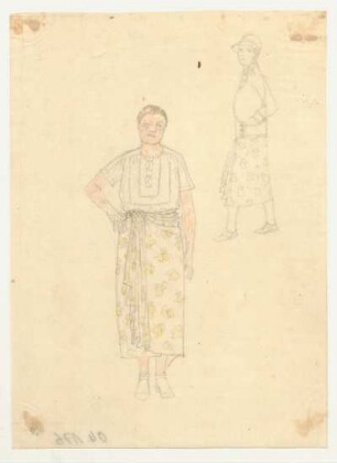 Figurinen Damenkleidung : Rock mit Drapierung in der Taille, eine Figurine trägt dazu eine Bluse ohne Kragen, kurzärmlig, mit Schulterpassen, die andere Figurine trägt eine Jacke mit seitlichem Taillenverschluss