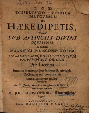 Dissertatio Jvridica Inavgvralis De Haeredipetis