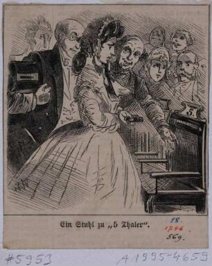 Karikatur zum Ersten Deutschen Sängerbundfest in Dresden 1865: "Ein Stuhl zu '5 Thaler'."
