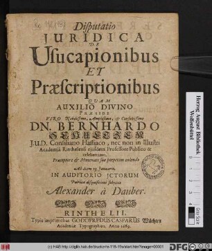 Disputatio Iuridica De Usucapionibus Et Praescriptionibus