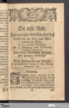 Die erste Rede. Die irrdische Glückseligkeit des Leibes als ein Weg zum Verderben der Seele.