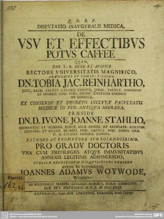 Disputatio Inauguralis Medica, De Usu Et Effectibus Potus Caffee