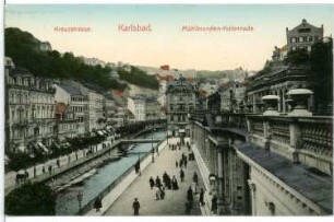 Karlsbad. Kreuzstraße und Mühlbrunn-Kolonnade am Mühlbrunn-Quai