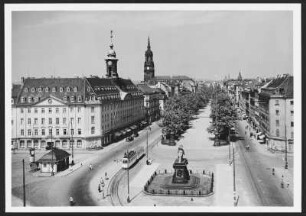 Dresden, Neustädter Markt : Dresden-Neustadt. Blick über den Neustädter Markt mit Reiterstandbild August des Starken in die Hauptstraße