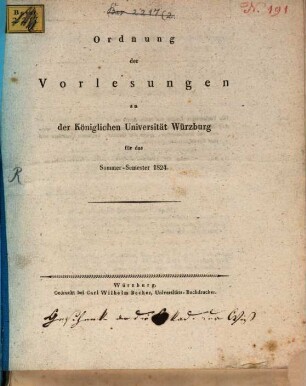 Ordnung der Vorlesungen an der Königlichen Universität Würzburg. 1824, 1824. SS.