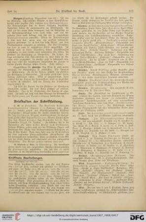 Ausstellungen / Preisausschreiben / Denkmäler / Staatsankäufe etc. / Staatliche Kunstpflege / Aus Galerien und Museen / Aus Akademien und Kunsthochschulen / Personalien / Auszeichnungenb / Todesfälle / Vereine