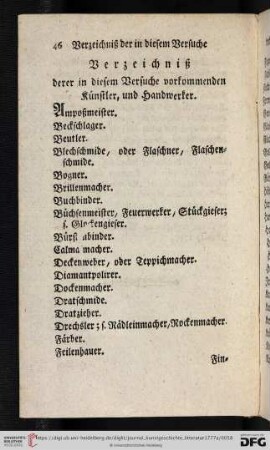 Verzeichniß derer in diesem Versuche vorkommenden Künstler und Handwerker