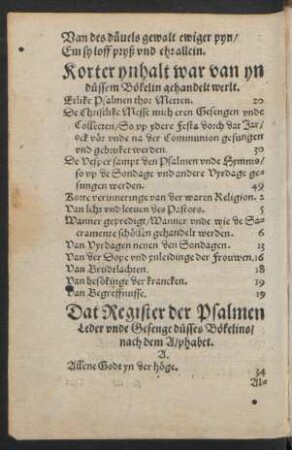 Dat Register der Psalmen Leder unde Gesenge düsses Bökelins ...