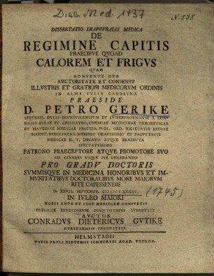 Dissertatio Inavgvralis Medica De Regimine Capitis Praecipve Qvoad Calorem Et Frigvs