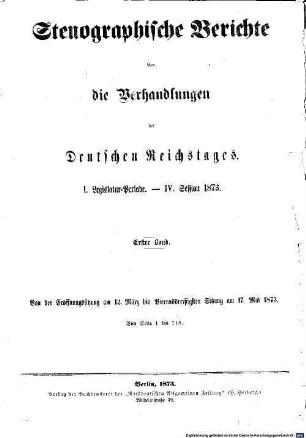 Verhandlungen des Reichstages. Stenographische Berichte. 27. 1873