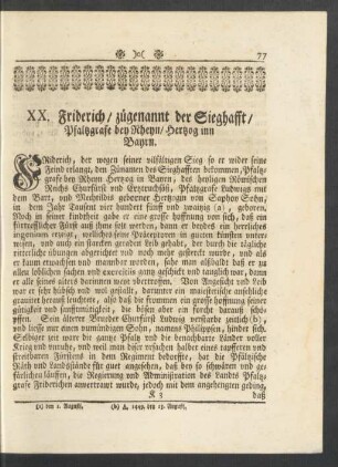 XX. Friderich, zugenannt der Sieghafft, Pfaltzgrafe bey Rheyn, Hertzog inn Bayrn