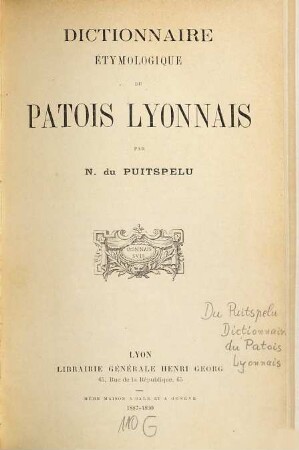Dictionnaire étymologique du Patois Lyonnais