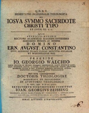 Dissertatio Inavgvralis Theologica De Iosva Svmmo Sacerdote Christi Typo : Ex Zach. III. 1. 2.