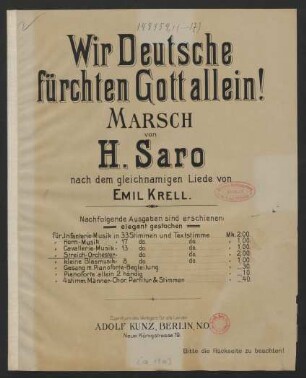 Wir Deutsche fürchten Gott allein! : Marsch : für Streichorchester