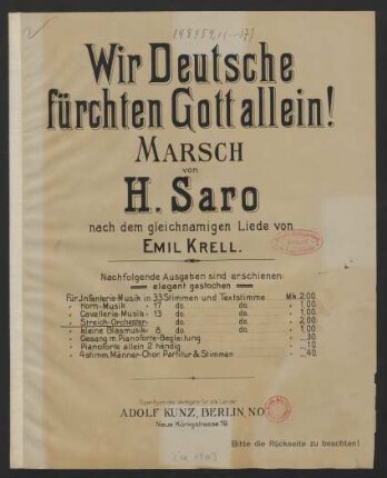 Wir Deutsche fürchten Gott allein! : Marsch : für Streichorchester