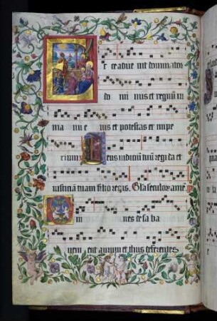 Zierseite mit Bordürenrahmen, Initiale mit Miniatur: E(cce advenit): Anbetung der Könige