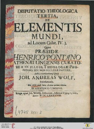 Band 3: Disputatio Theologica ... De Elementis Mundi, ad Locum Galat. IV. 3.