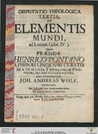 Band 3: Disputatio Theologica ... De Elementis Mundi, ad Locum Galat. IV. 3.