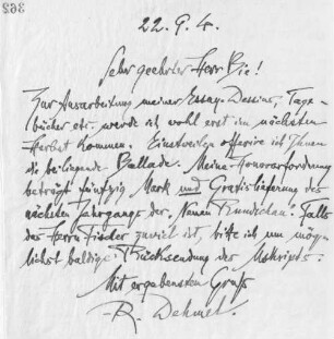 Brief an Oskar Bie