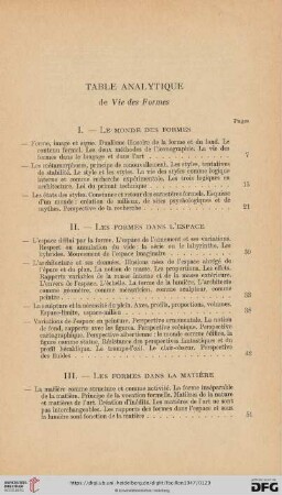 Table analytique de vie des formes