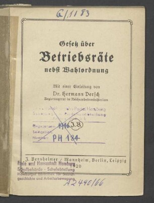 Gesetz über die Betriebsräte nebst Wahlordnung