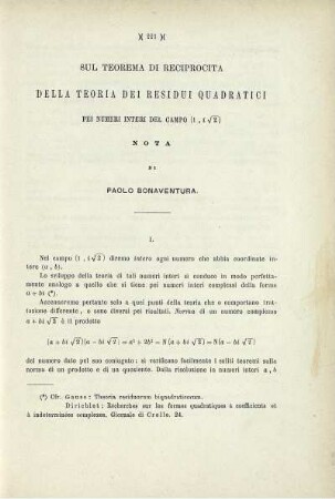 Sul teorema di reciprocita della teoria dei residui quadratici pei numeri interi del campo.