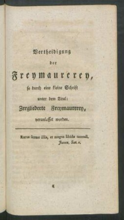 Vertheidigung der Freymaurerey
