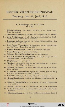 Erster Versteigerungstag: Dienstag, den 16. Juni 1925 (Nr. 1 - 491)