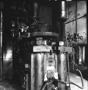Uebigau-Wahrenbrück-Domsdorf. Brikettfabrik Louise (1882/1991 Kohleabbau; seit 1992 Technisches Denkmal). Pressenhaus. Älteste Brikettpresse (1883)