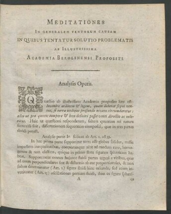 Meditationes In Generalem Ventorum Causam In Quibus Tentatur Solutio Problematis Ab Illustrissima Academia Berolinensi Propositi.