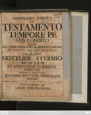 Dissertatio Jvridica De Testamento Tempore Pestis Condito