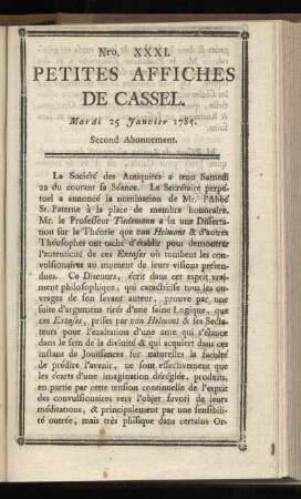 No XXXI (Mardi 25 Janvier 1785)