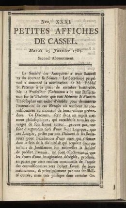 No XXXI (Mardi 25 Janvier 1785)