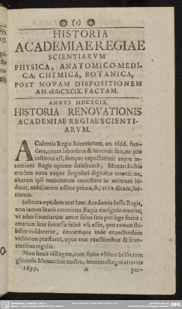 Historia Academiae Regiae Scientiarum Physica, Anatomico-Medico-Chirurgica, Chymica, Botanica, Post Novam Dispositionem An. MDCXCIX. Factam