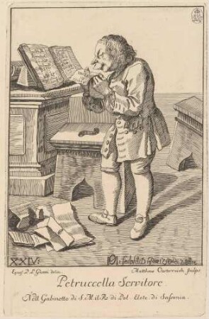Petruccella Servitore (Pietro Pieri, genannt Petruccella, Diener des Kardinals Alessandro Albani), Bl. 24 der Raccolta di XXIV Caricature", Dresden 1750