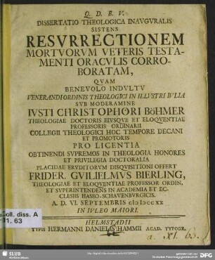 Dissertatio Theologica Inauguralis Sistens Resurrectionem Mortuorum Veteris Testamenti Oraculis Corroboratam