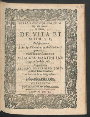Exercitationum Nobilium Peri tēs Psychēs Septima, De Vita Et Morte