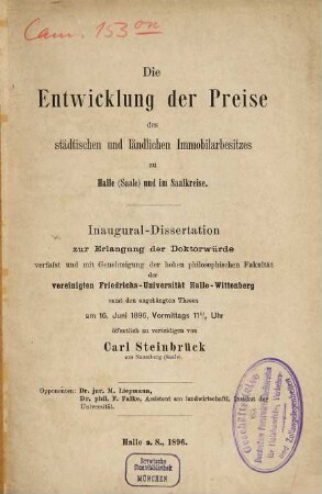 Die Entwicklung der Preise des städtischen und ländlichen Immobiliarbesitzes zu Halle (Saale) und im Saalkreise