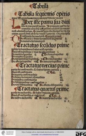 Tabula sequentis operis quod Manipulus curatorum nuncupatur feliciter incipit.